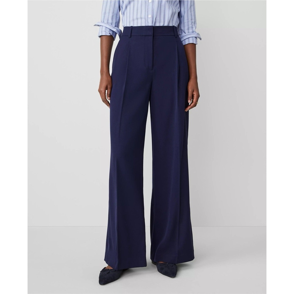NWOT Ann Taylor Pleated Wide-Leg Pant Textured Drape Navy 14 Workwear Career